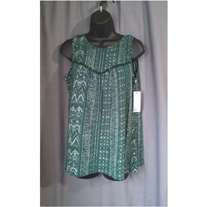 Green Aztec Geometric Fringe Jersey Tank Top SM